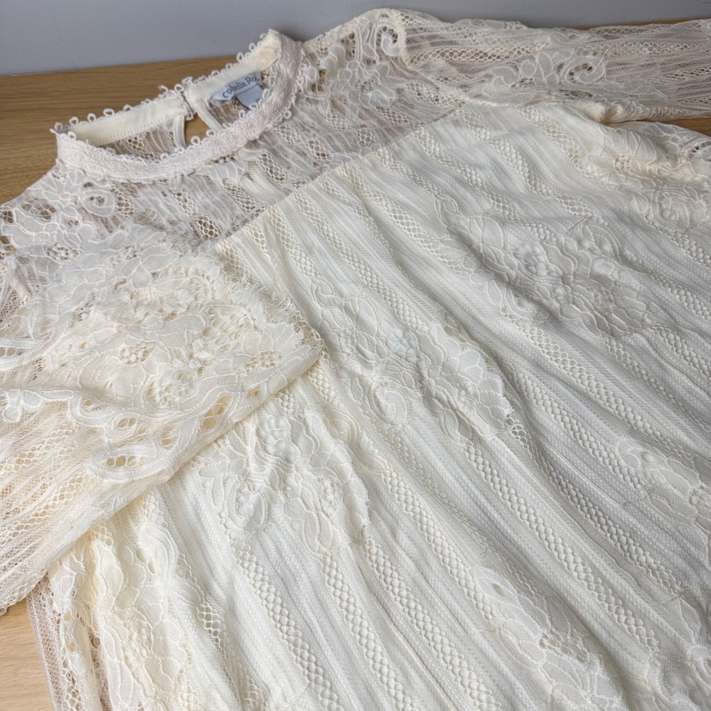 Womens Lace Lined Blouse 1X Cream 3/4 Sleeve Scallop Hem Keyhole Romantic‎ Boho
